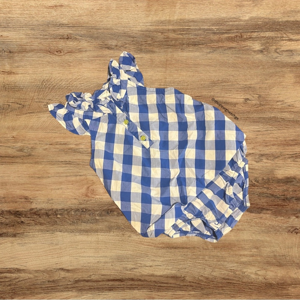 Carter’s Blue White Gingham Baby Romper Onesie Sleeveless Ruffle Button Dress 9m
